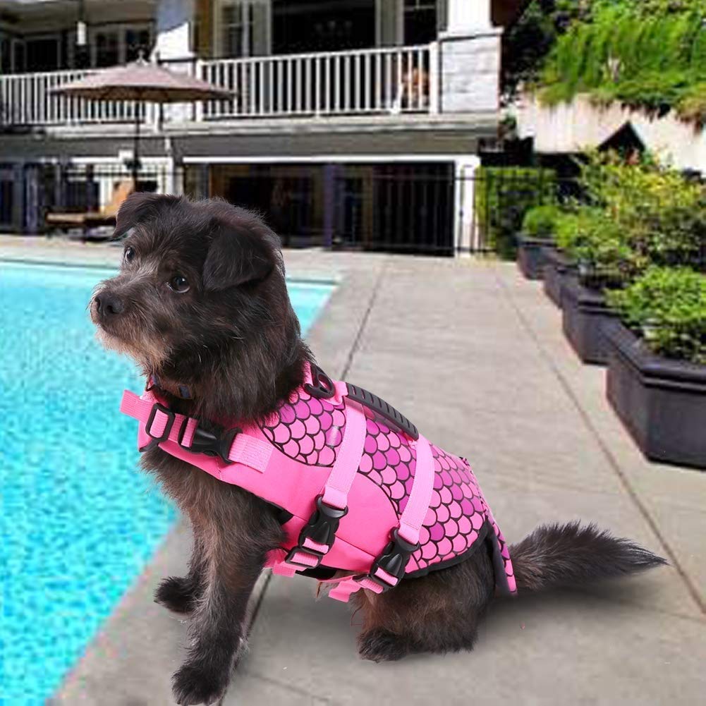 Dog Life Jacket Ripstop Shark Dog Safety Vest Adjustable Preserver with High Buoyancy and Durable Rescue Handle for Small,Medium,Large Dogs, Pink Fish X-Small